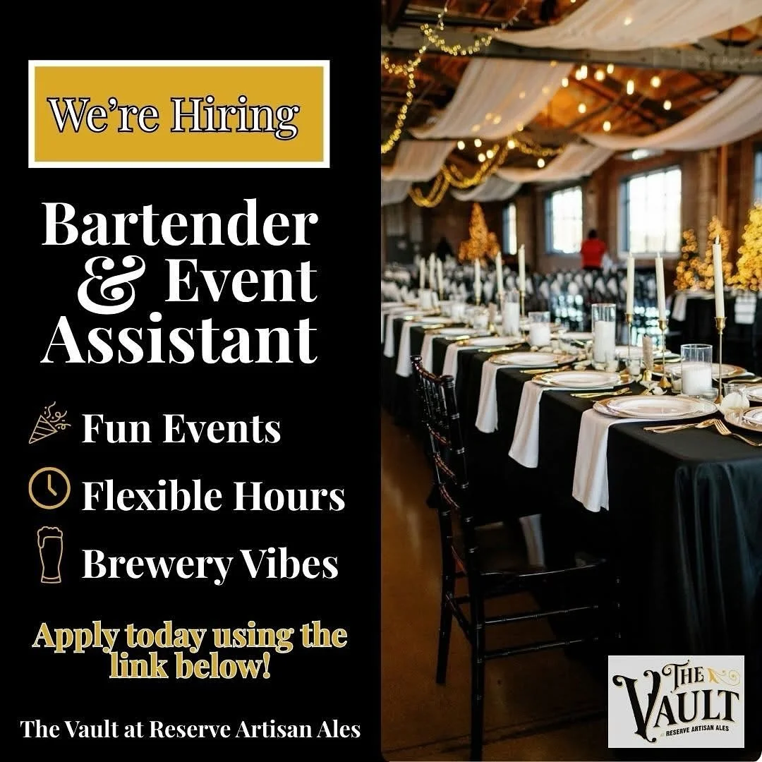 ✨ We&rsquo;re Hiring! ✨
Join our crew at The Vault at Reserve Artisan Ales 🍻 as a Bartender &amp; Event Assistant!
🍹 Fun events &bull; Flexible hours &bull; Brewery vibes

✨ Want to apply? Click the link in our bio or story.