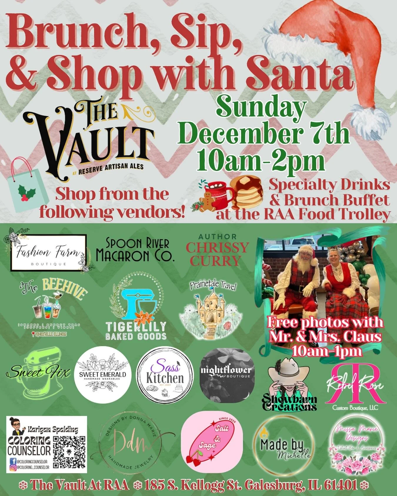 🥞Brunch, Sip, &amp; Shop with Santa 🎅 is back again and bigger than ever! 📸Free photos with Mr. &amp; Mrs. Claus 🤶 Brunch buffet and drinks🍹and SHOPPING from 18 vendors pictured above! Find these vendors on IG:
@coloring_counselor @designsbydonn