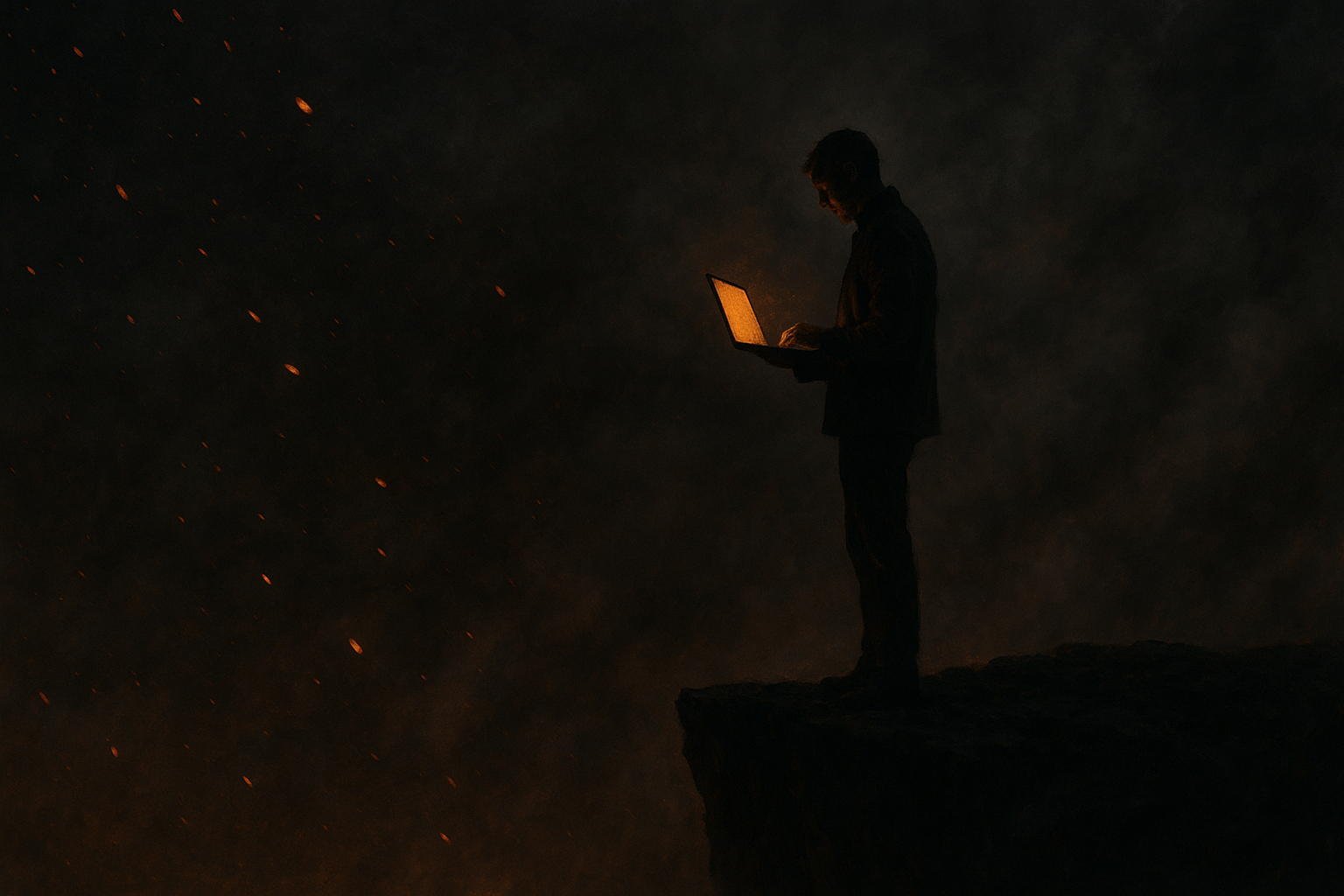 A silhouette of a person standing on the edge of a dark cliff, looking at a laptop with a glowing screen, against a dark background with small glowing embers floating in the air.