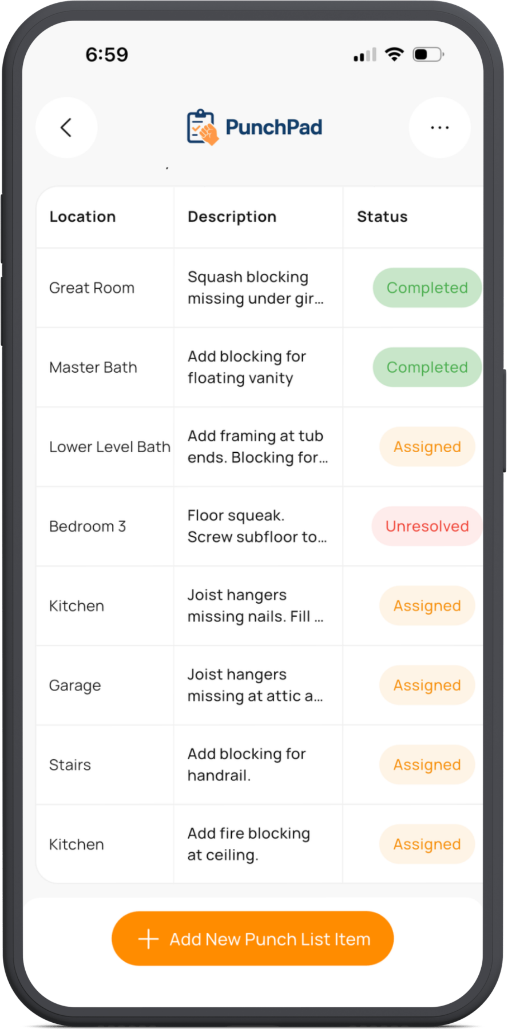 PunchPad punch list app showing a jobsite punch list with item locations, descriptions, statuses, and assigned subcontractors