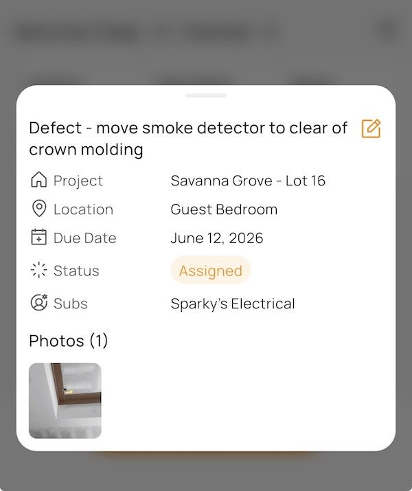 PunchPad app showing an electrical punch item — "Smoke detector needs to move" — with photo, location, due date, assigned sub, and status field