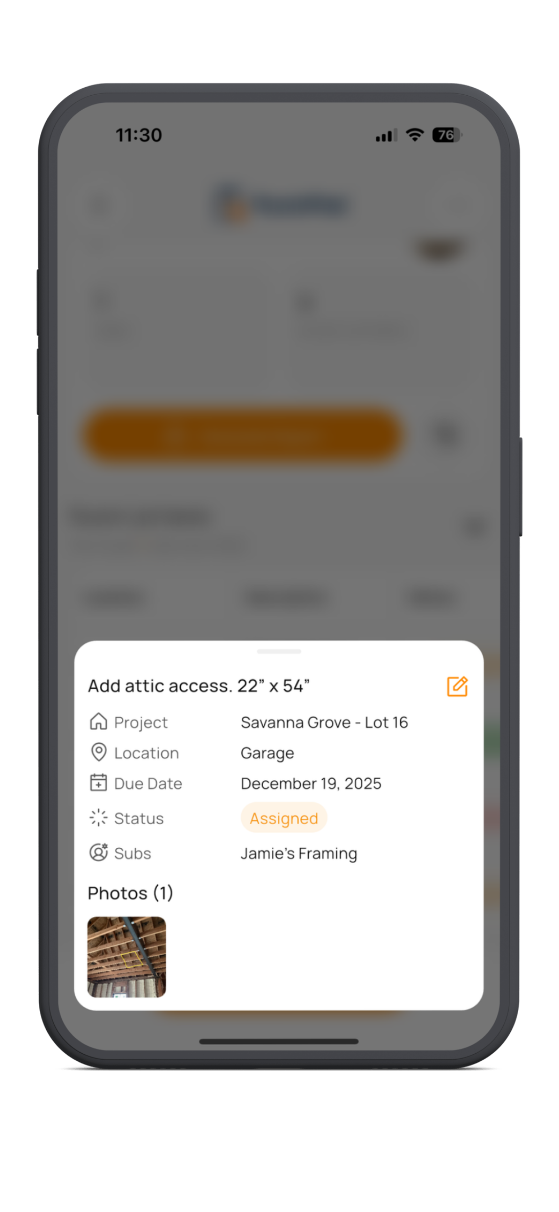Punch list item detail view showing photo, location, status, and assigned subcontractor in a live punch list report shared from PunchPad.