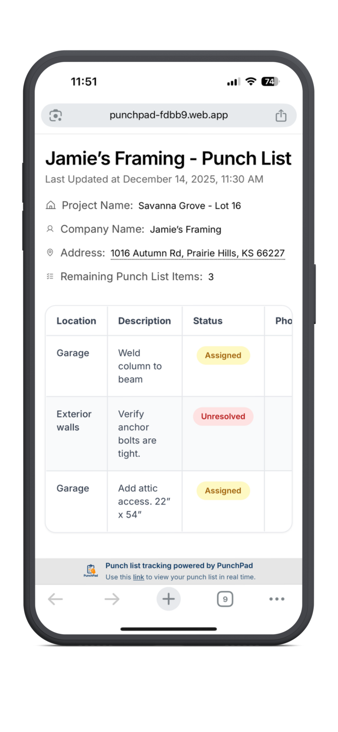 Mobile view of a live punch list report shared by a builder, showing remaining punch list items, locations, status labels, and last updated time visible to subcontractors without app access.