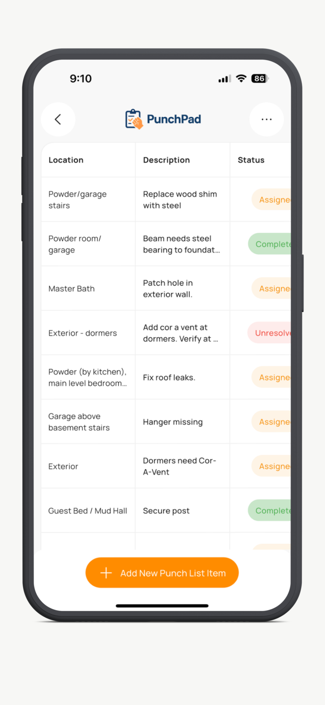 PunchPad punch list app showing a jobsite punch list with item locations, descriptions, statuses, and assigned subcontractors