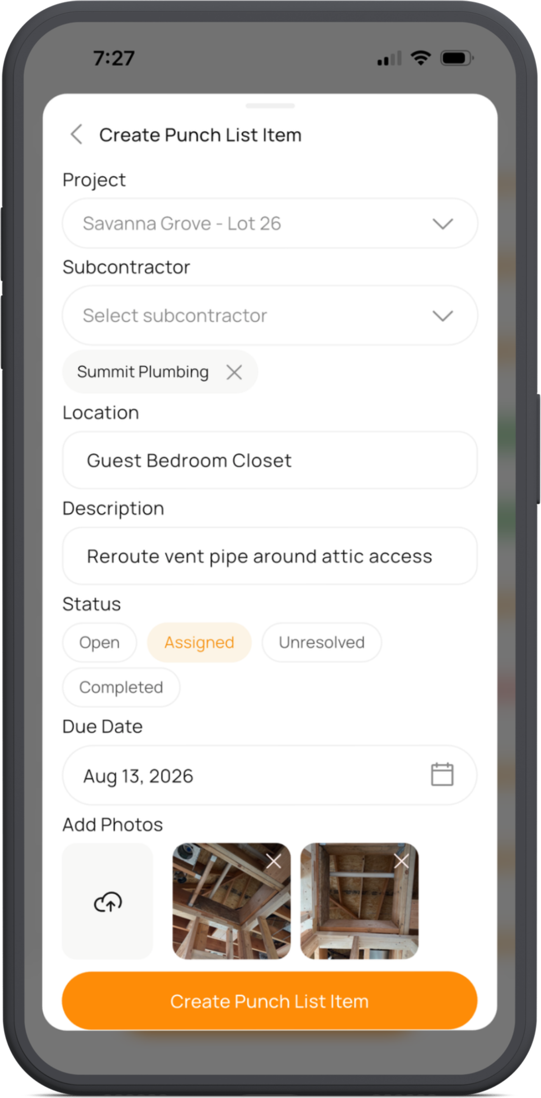 PunchPad punch item entry on a phone with photo, location, due date, and assigned trade