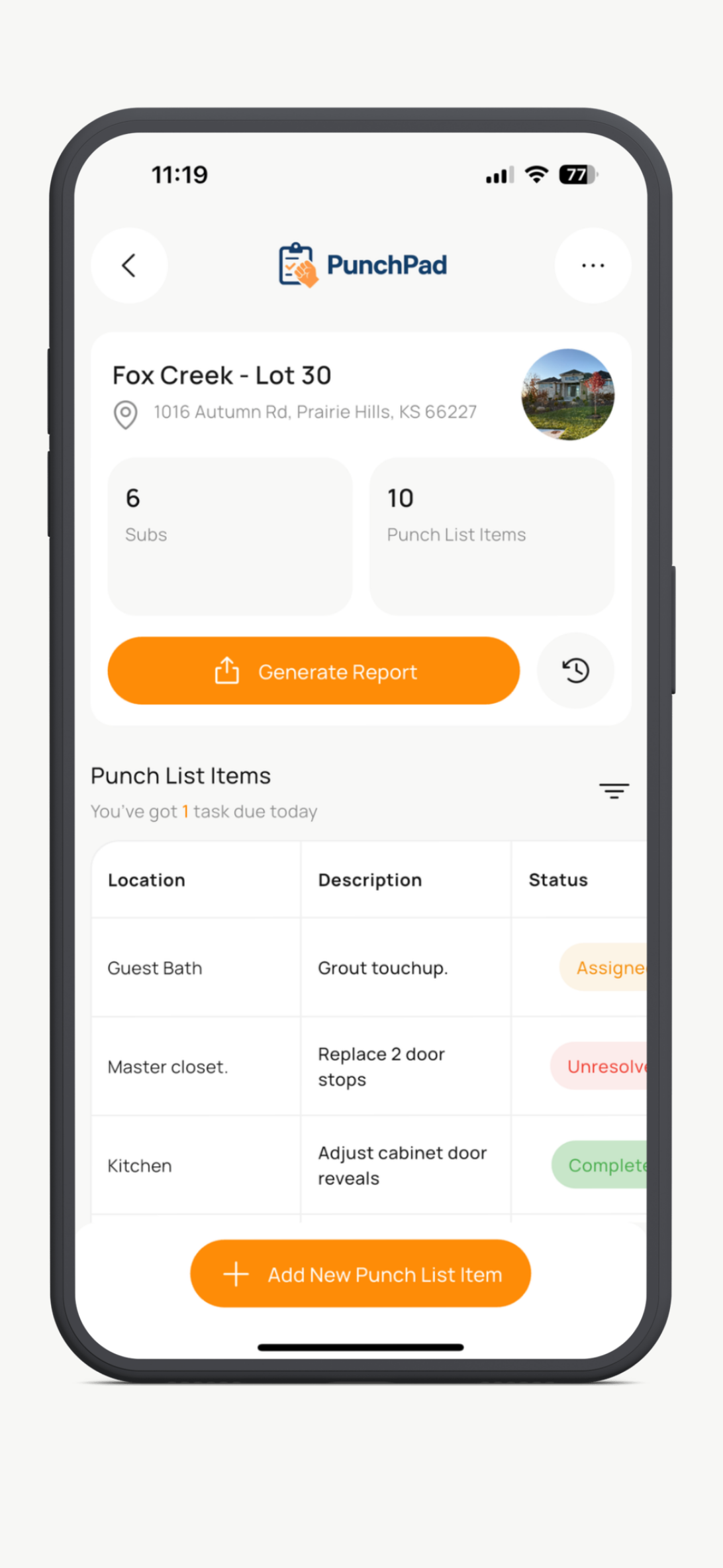 Builder view of the PunchPad app showing punch list items and a generate report button used to share a live punch list report with subcontractors without giving them app access.