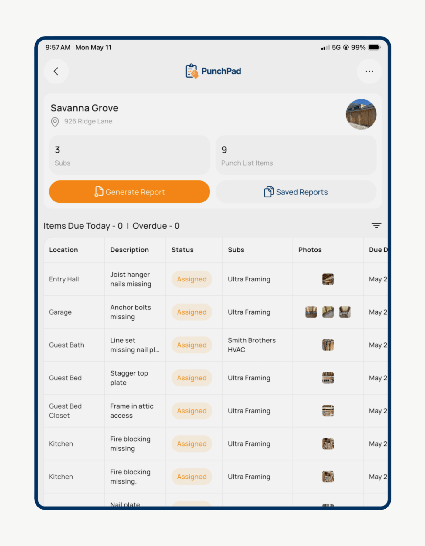 PunchPad on iPad showing the Savanna Grove project dashboard with subs, punch list items, and a sortable list of open items by location, status, trade, and due date.