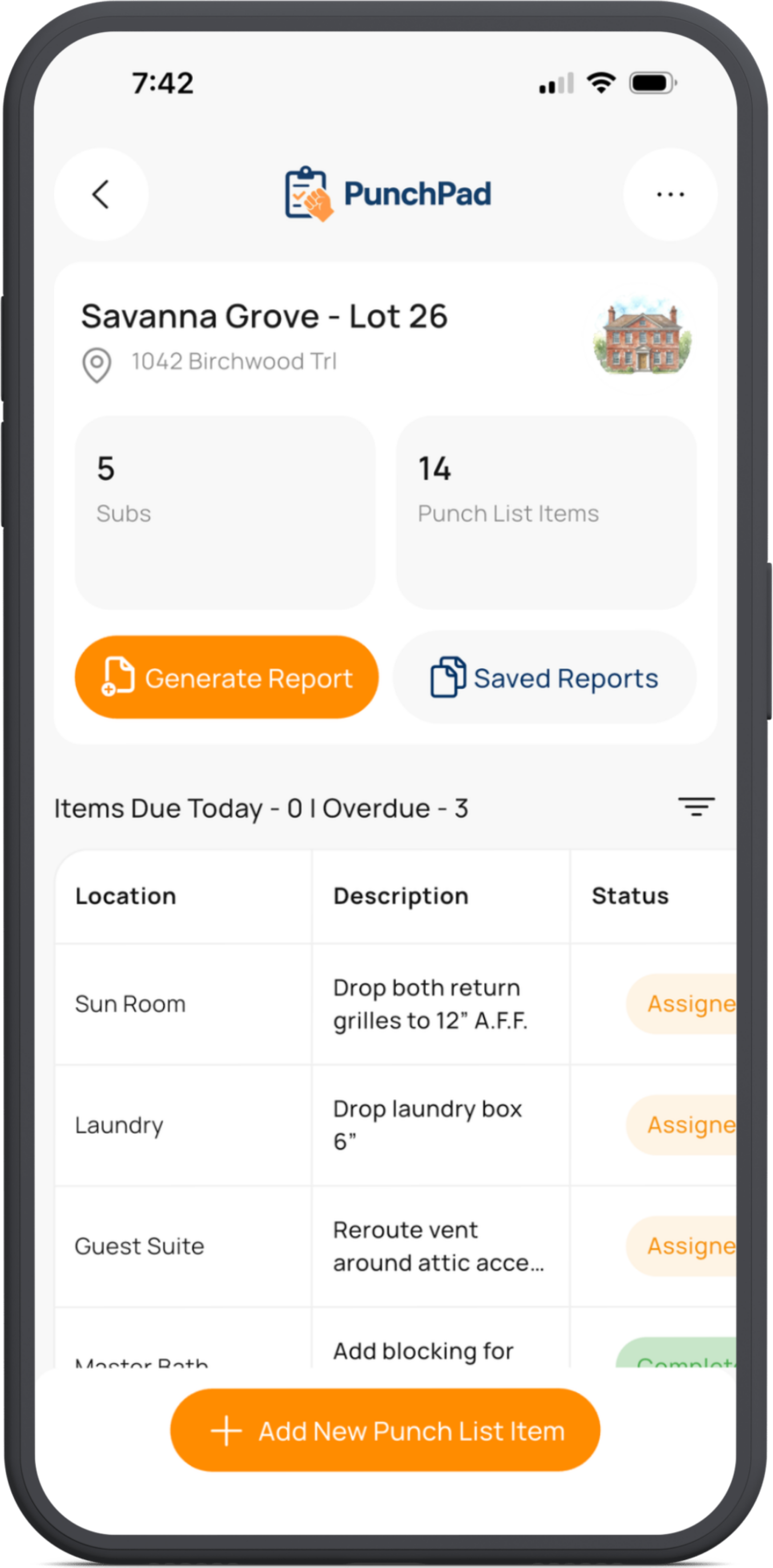 PunchPad punch list app for home builders showing a mobile project dashboard with punch list items, subcontractor counts, report generation, and a live punch list report that updates automatically
