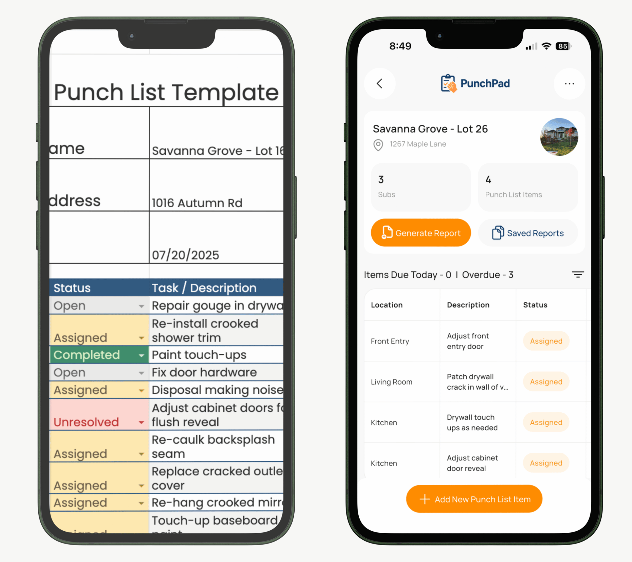 Punch list template versus punch list app comparison for builders tracking jobsite items and punch list progress