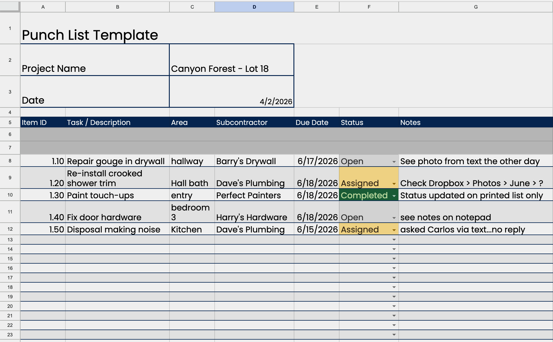 Construction punch list template in Excel format for builders and remodelers managing punch list items by subcontractor and due date