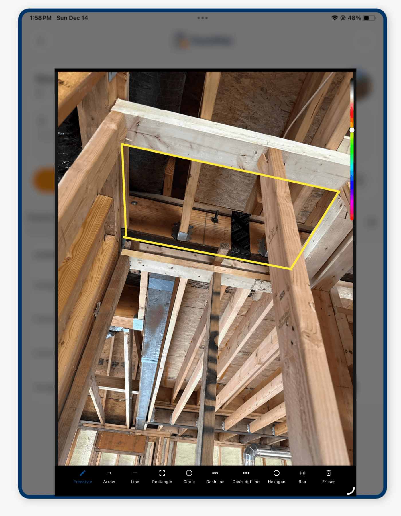 PunchPad on iPad showing a photo of a framing defect marked up with Apple Pencil — a yellow highlight outlining the area to be addressed — with project, location, due date, status, and subcontractor fields visible on the punch item detail screen.