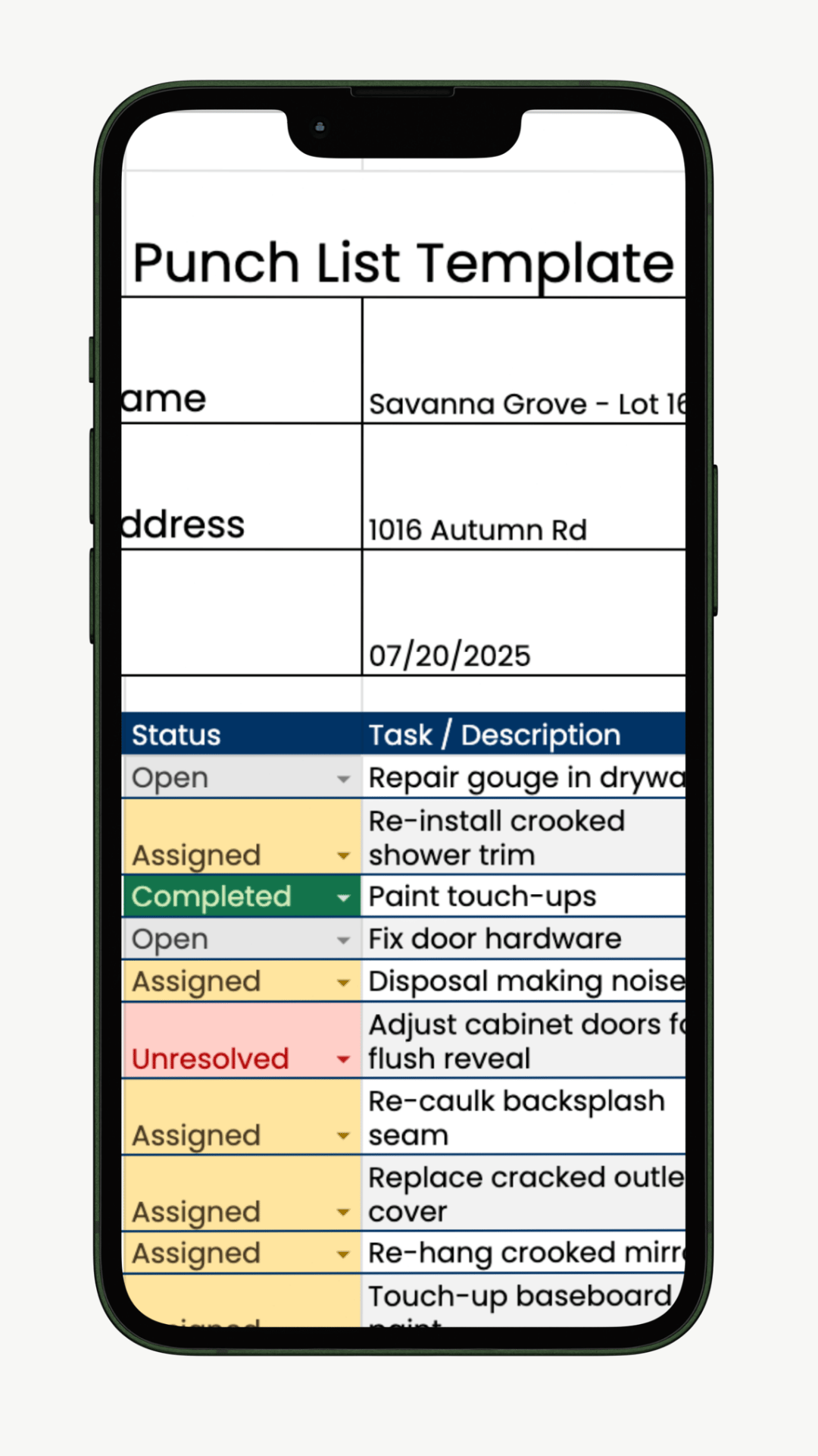 Mobile construction punch list template with open, assigned, completed, and unresolved status tracking