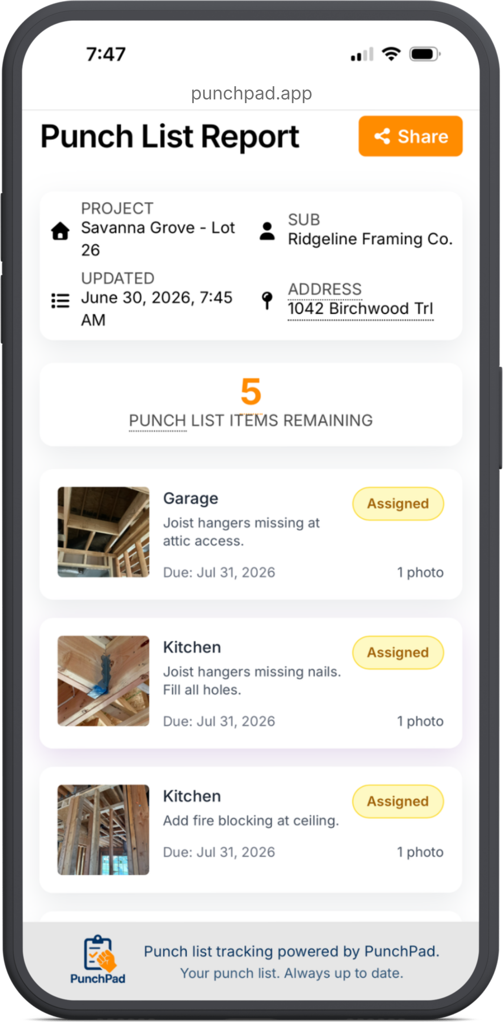PunchPad punch list app on a phone, showing four punch items with photos, descriptions, due dates, and assigned subs.