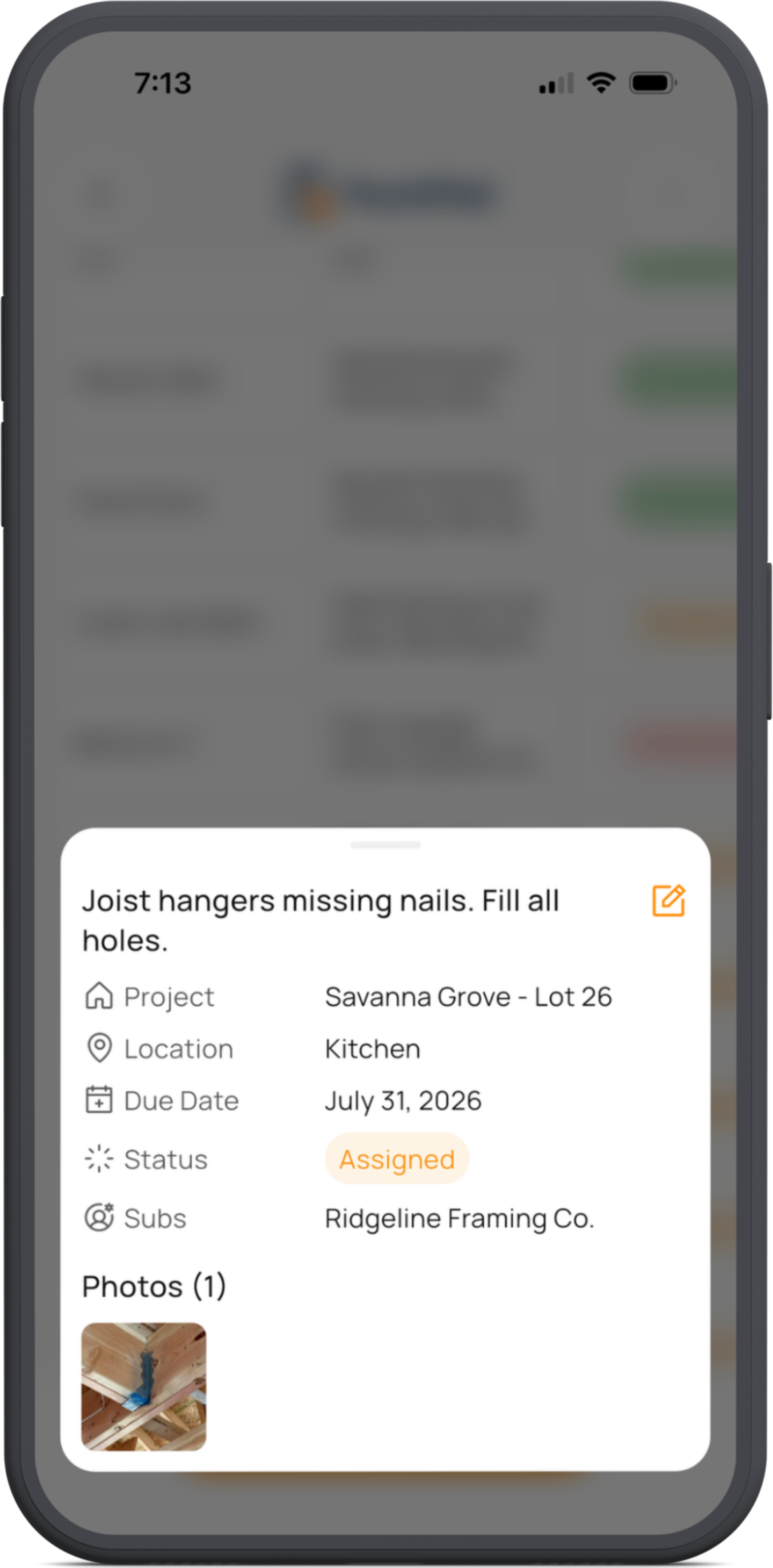 PunchPad punch list app showing a punch list item with photo, status, and assigned subcontractor on an active jobsite