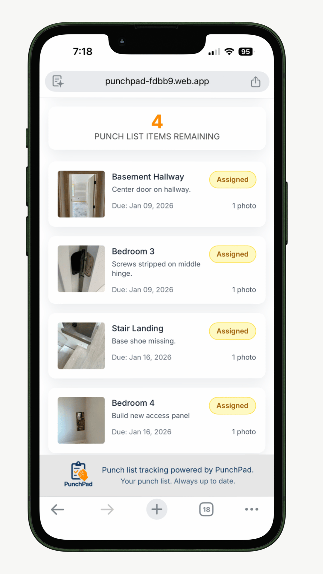 Mobile view of a PunchPad live punch list report showing four assigned punch list items remaining, with item photos, room names, descriptions, due dates, and status tags.