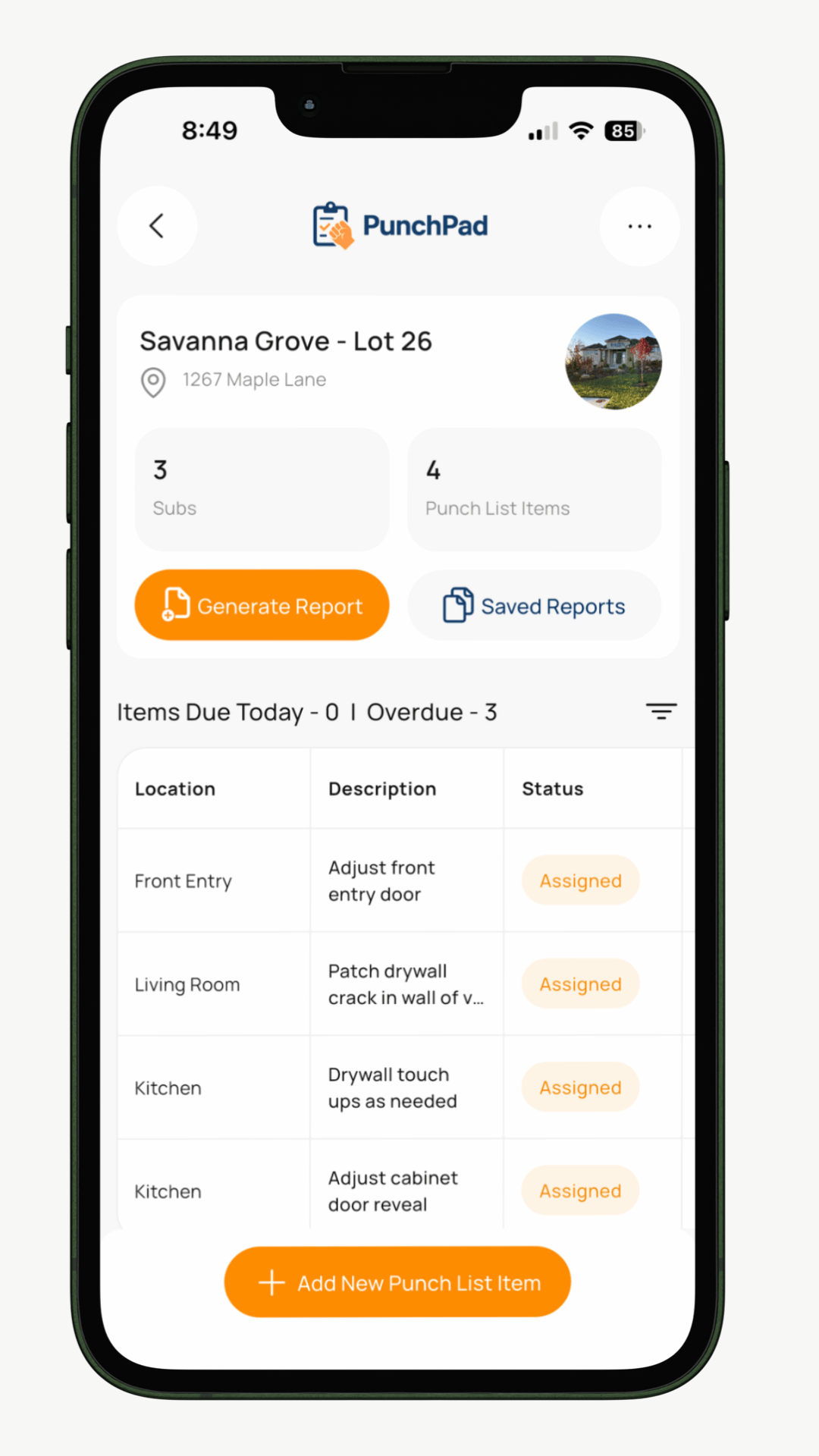 PunchPad punch list app showing jobsite issues, photos, due dates, and subcontractor assignments