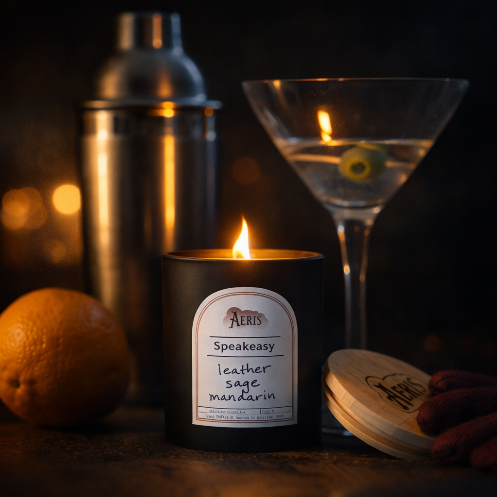 “Aeris ‘Speakeasy’ soy candle glowing on a wooden table, its warm amber light illuminating a dark glass jar with a handwritten label, evoking the atmosphere of a vintage cocktail bar.”