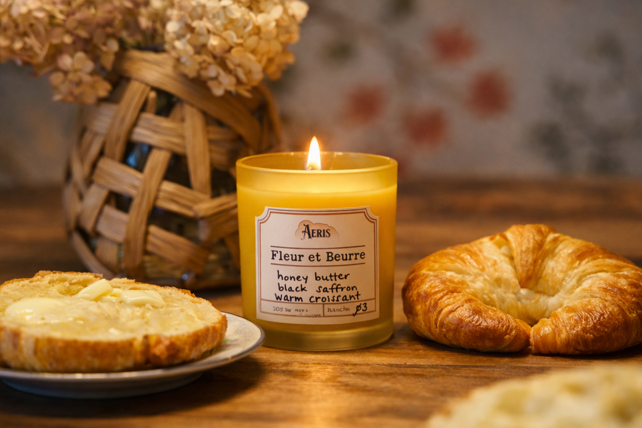 Aeris Fleur et Beurre candle in yellow glass beside croissants and buttered toast on wooden table with floral background