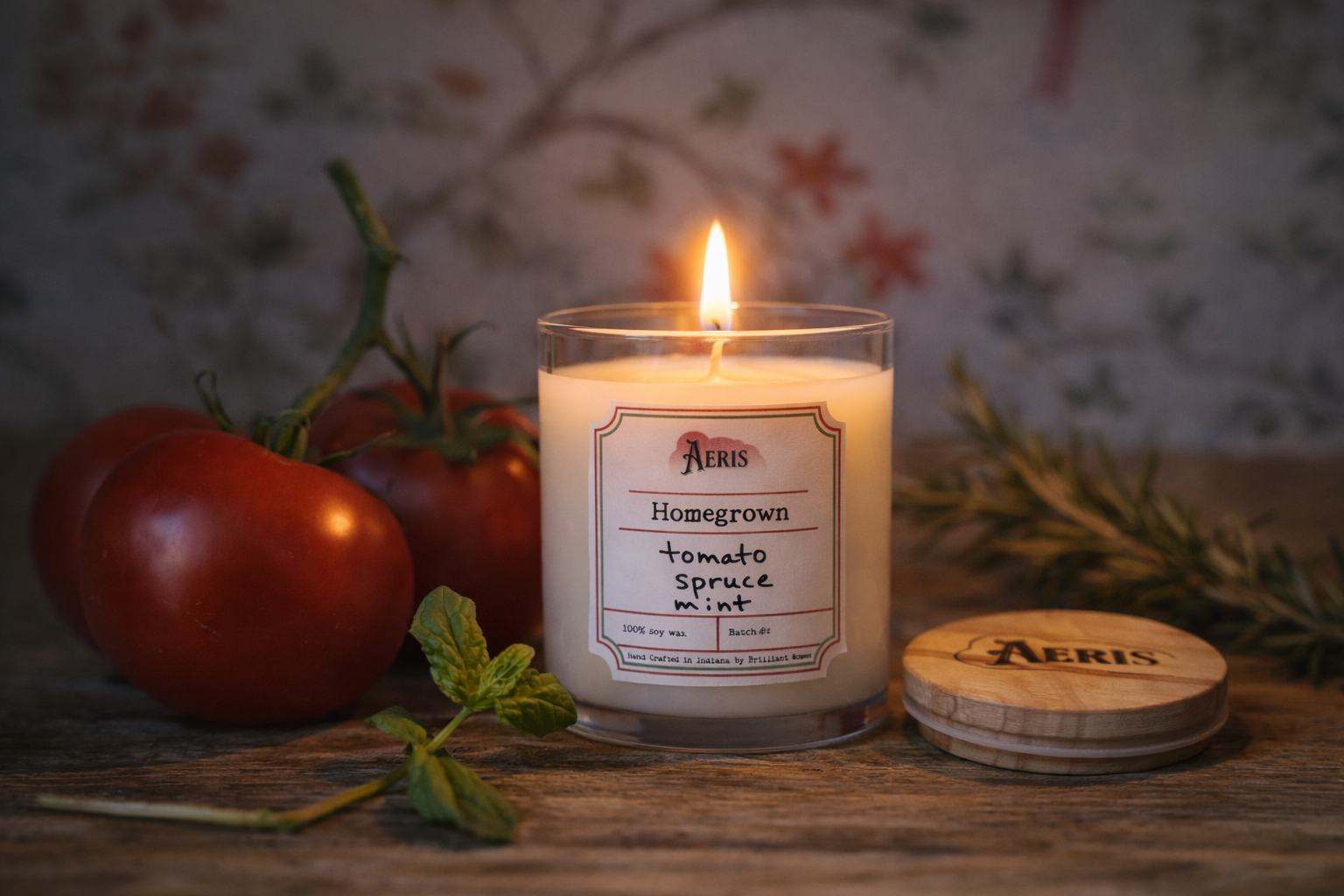 A lit Aeris “Homegrown” candle sits on a wooden surface beside fresh tomatoes, mint leaves, and rosemary, with a soft botanical background.