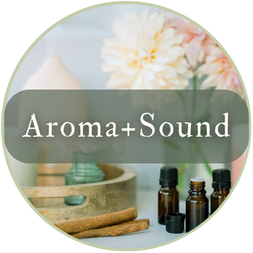 Illustration of three glass bottles with cork stoppers, one with reed diffuser sticks, against a green background, with the text "Scent & Sound" overlaid.