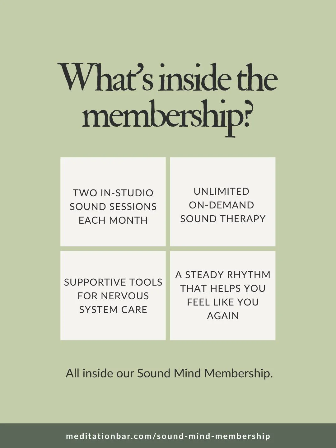 Steady care, real results.
Sound Mind Membership includes 2 in-person sessions each month, access to our On-Demand Sound Therapy Library, 10% off retail, and a Buddy Pass in month 3.
Join today and make self-care a habit.
#SoundMindMembership #Medita