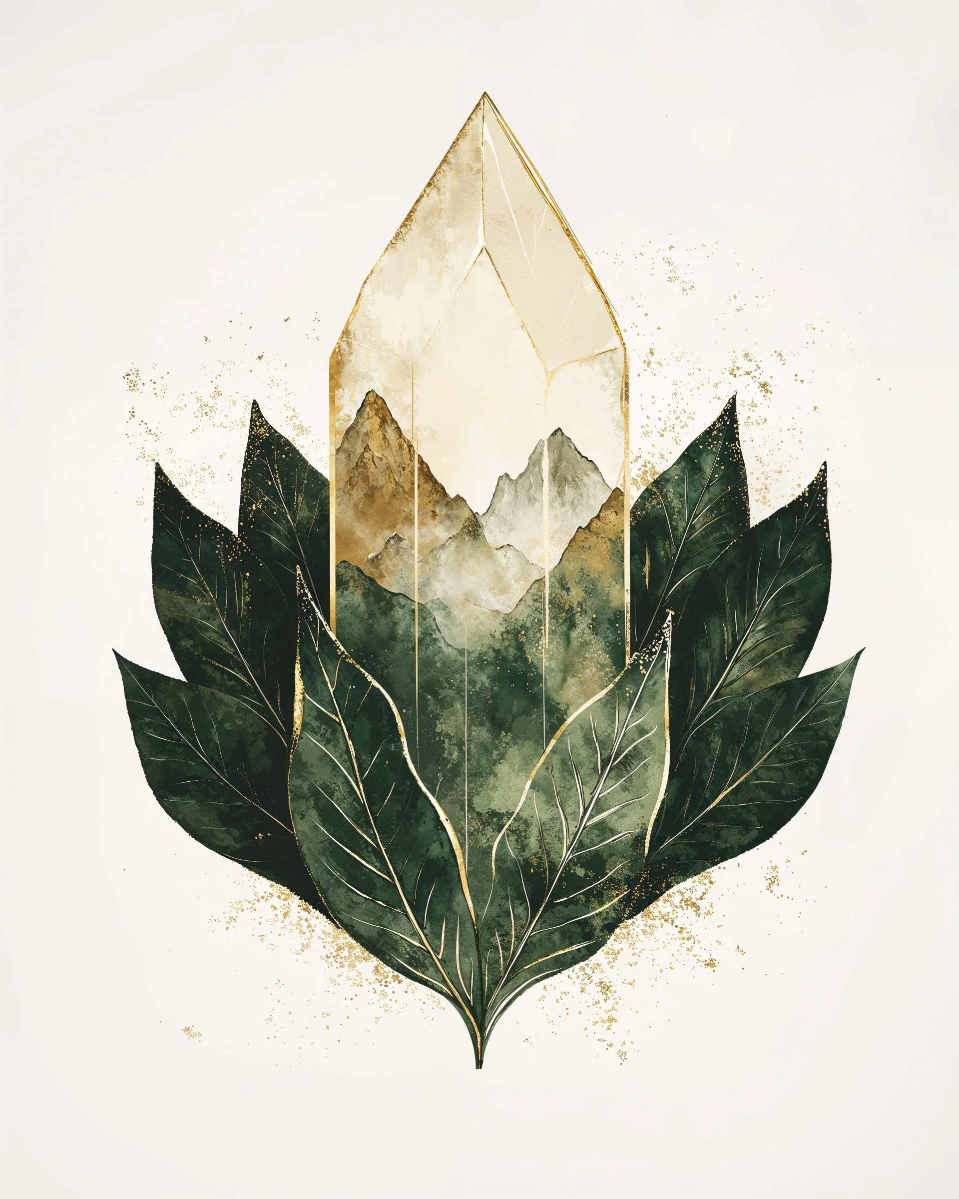 An artistic illustration of a large, green leafy plant with gold accents, featuring a mountain landscape and a crystal at the center, set against a light background.