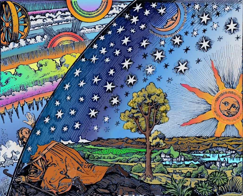 An illustrated depiction of day and night, with a section showing a person resting on the ground, the sun shining with a face, and a landscape of fields and houses. The other section shows stars, the moon with a face, and night sky.