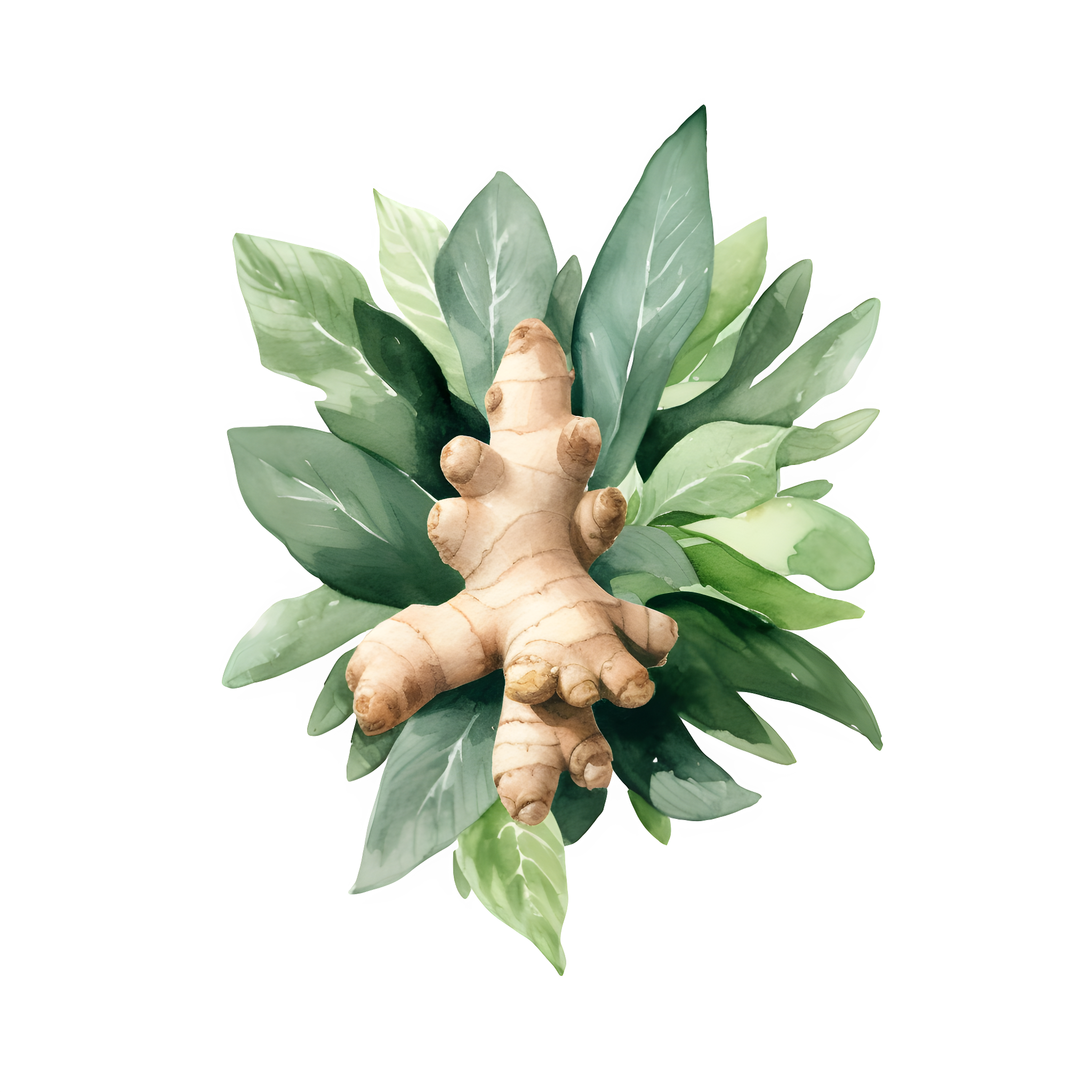 Fresh ginger root with green leaves behind it