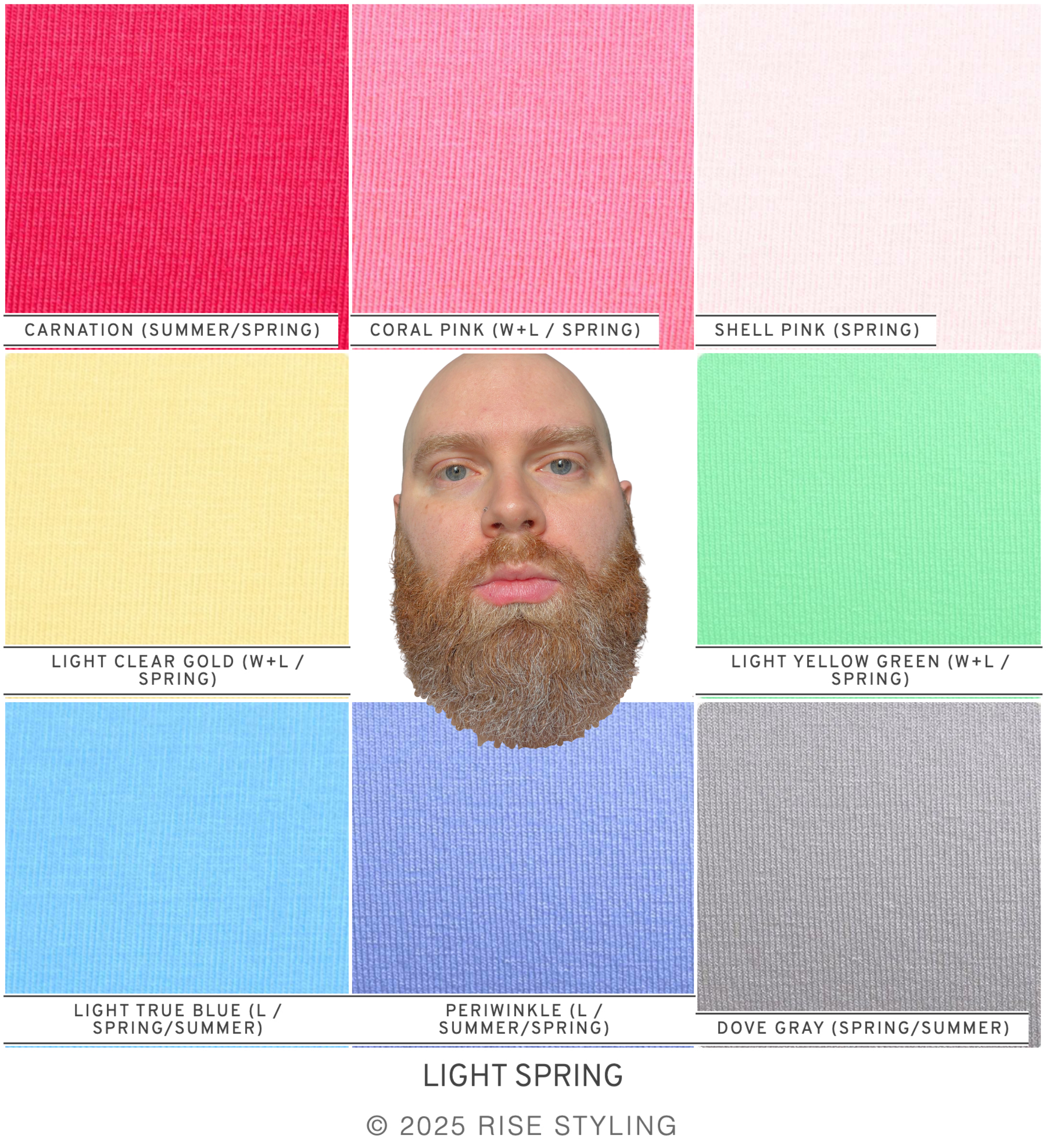 Image of Sam, a man with blue eyes and a thick red beard flecked with gray is surrounded by a grid of Light Spring colors.