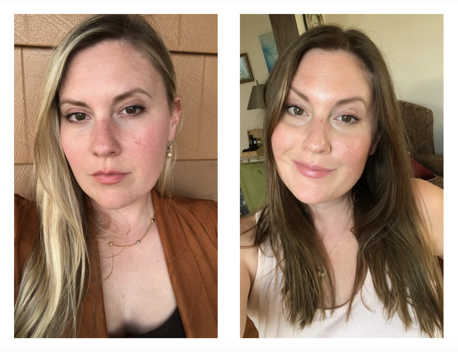 Before and after comparison of a woman with different hair colors, showing how hair dye can change the appearance of her natural undertones — debunking color analysis myths.