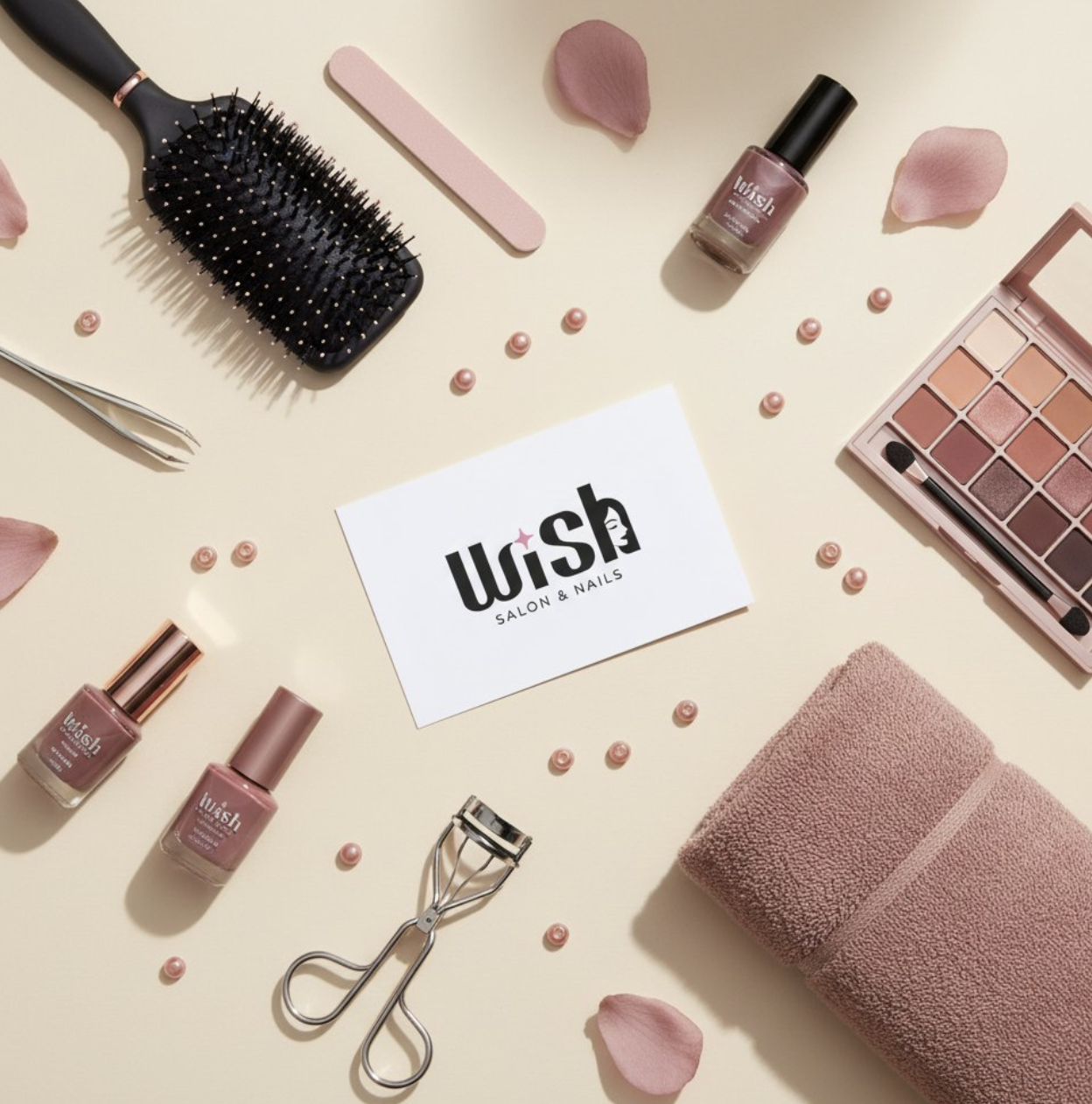 salon products surrounding a wish business card