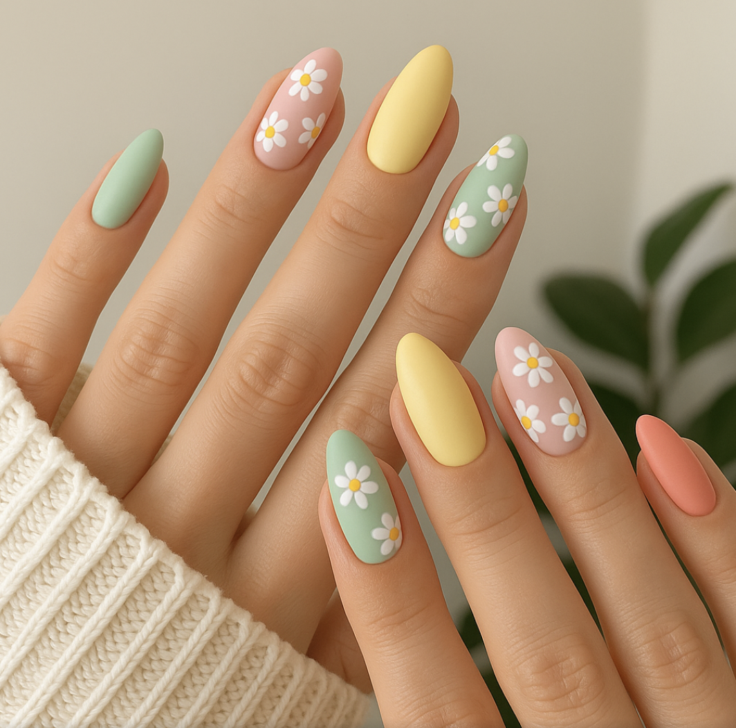 Soft pastel nails with cute flower nail art to celebrate spring