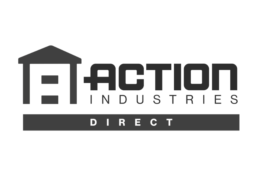 The logo for Action Industries Direct features a house outline with the letter 'A' stylized as part of the house, followed by the words 'ACTION INDUSTRIES' in bold black letters, and the word 'DIRECT' in white on a black background at the bottom.