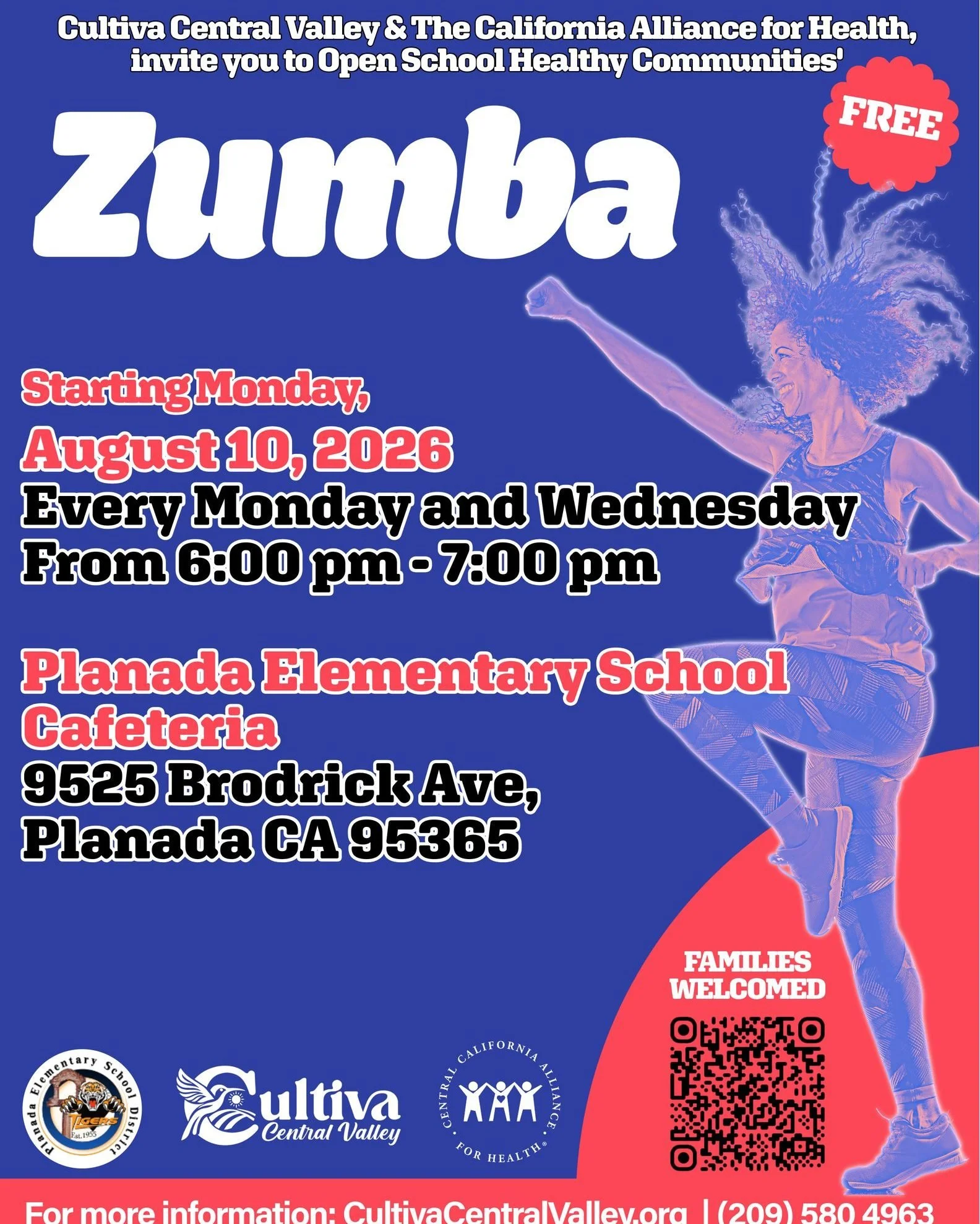 ¡Cultiva Central Valley se complace en anunciar el lanzamiento de ZUMBA en Planada! 

Las clases de Zumba comenzarán el lunes 10 de agosto de 2026 a las 18:00 h en la cafetería de la escuela primaria de Planada. Las clases tendrán lugar todos los lunes y miércoles de 18:00 a 19:00 h en el 9525 de Brodr