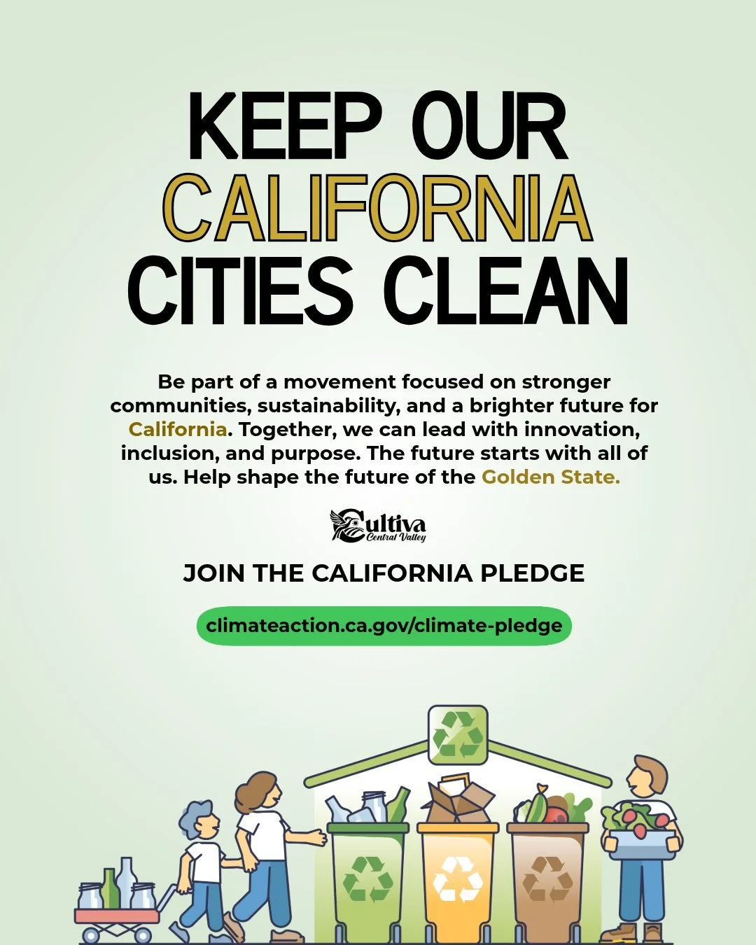 🌱✨ ¡Mantengamos limpias las ciudades de California!

Los pequeños gestos marcan una gran diferencia: tira la basura como es debido, recicla y ayuda a mantener limpios nuestros parques y calles. Juntos podemos crear comunidades más limpias, seguras y bonitas para todos. ♻️🌞


