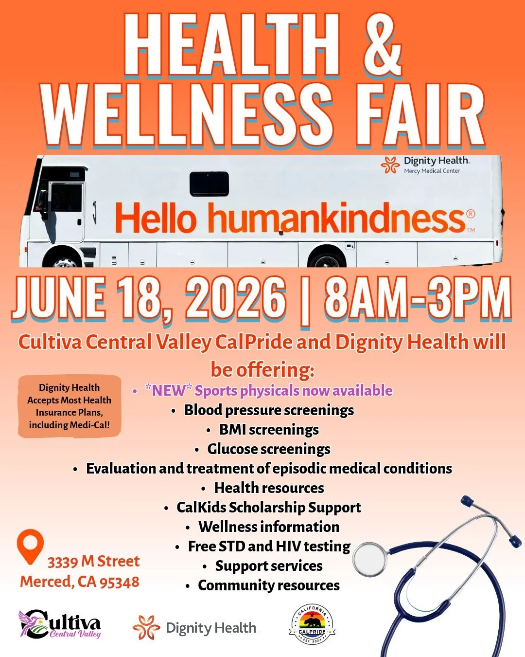 ¡Acompáñanos todos los jueves en nuestra mini feria de la salud, de 8:00 a 15:00! 🌿 

Frente a Cultiva Central Valley 

📍 3341 M St, Merced, CA 95348 
📞 (209) 580-4963 

Reúnete con representantes de Dignity Health, Behavioral Health y CalPride