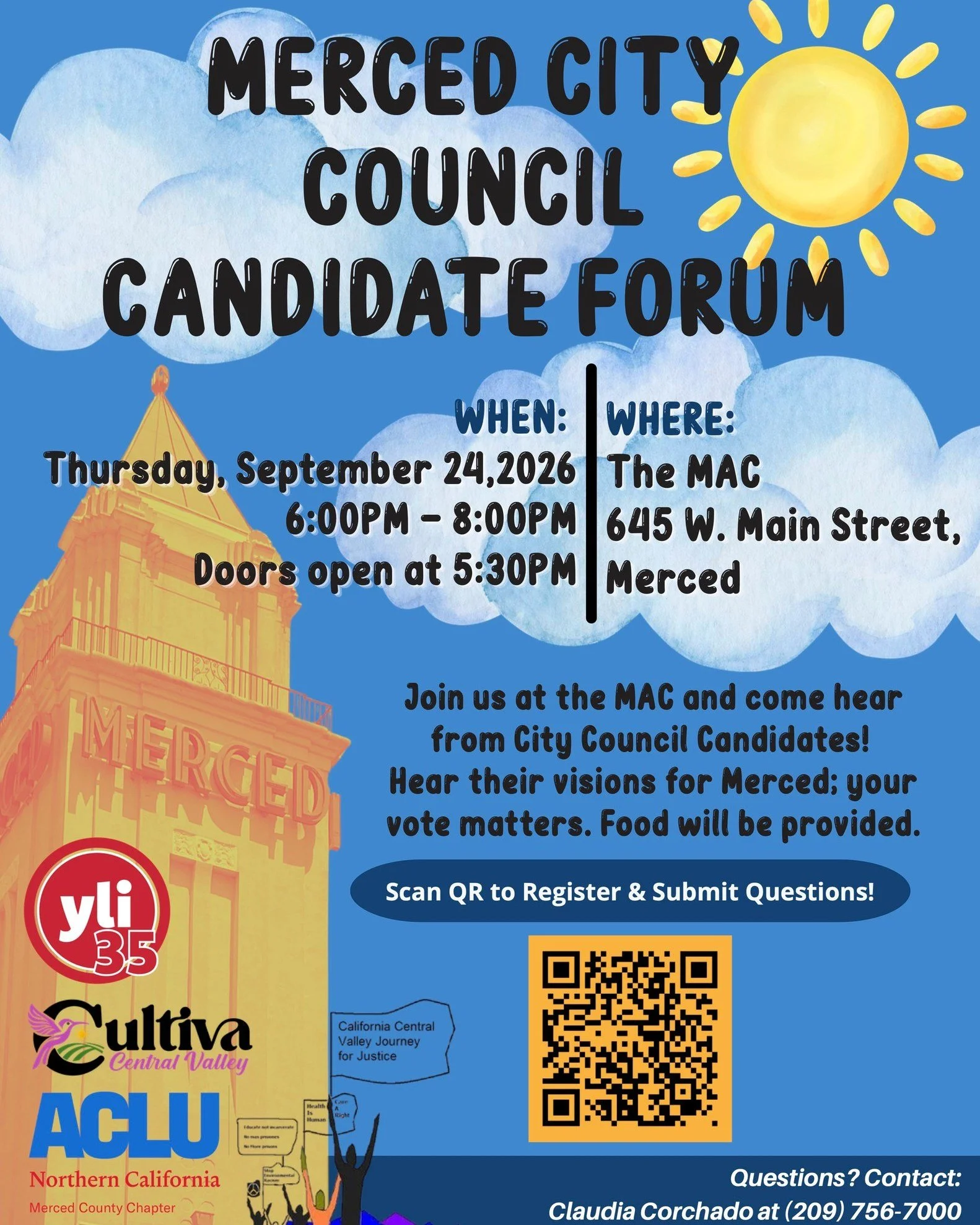 Merced City Council Candidate Forum - District 2 and District 6

When: Thursday, September 24, 2026, 6:00 p.m. - 8:00 p.m.  Doors open at 5:30 pm
Where: The Merced Multicultural Art Center (MAC), 645 W. Main Street, Merced.

​​​​​​Join the ACLU OF NO
