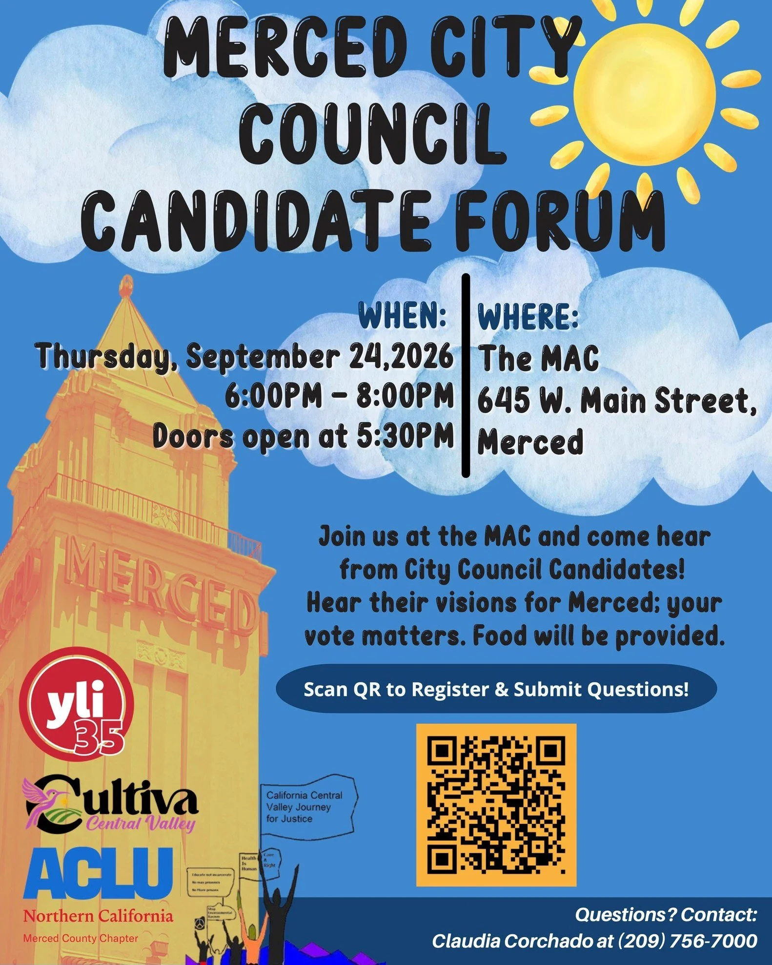 Join us on Facebook live for the Merced City Council's Candidante Forum, 2nd and 6th district. 
Join us on September 24, 2026 from 6:00 PM to 8:00 PM