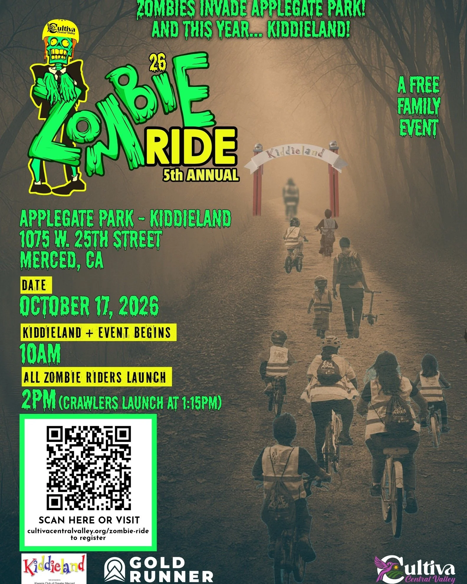 🧟🚲🎡 ZOMBIES, BIKES, AND FREE KIDDIELAND RIDES! 🎡🚲🧟

The zombies are taking over Applegate Park, and this year, they&rsquo;re taking over Kiddieland (@kiddieland_of_merced) too!

Join Cultiva Central Valley and our community partners for the 5th