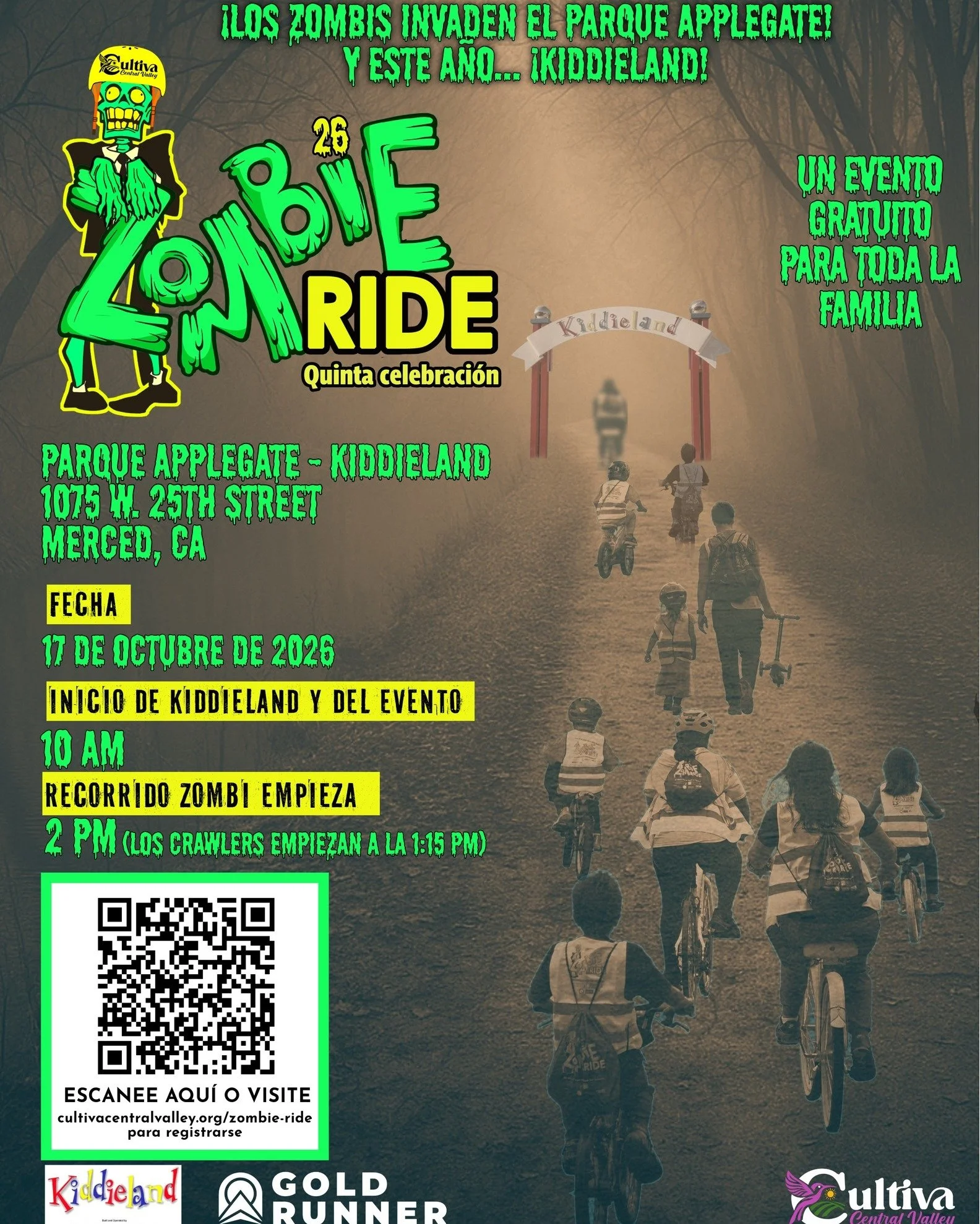 🧟🚲🎡 &iexcl;ZOMBIS, BICICLETAS Y PASEOS GRATIS EN KIDDIELAND! 🎡🚲🧟

&iexcl;Los zombis se est&aacute;n apoderando de Applegate Park y este a&ntilde;o tambi&eacute;n se apoderar&aacute;n de Kiddieland!

&iexcl;&Uacute;nase a Cultiva Valle Central y