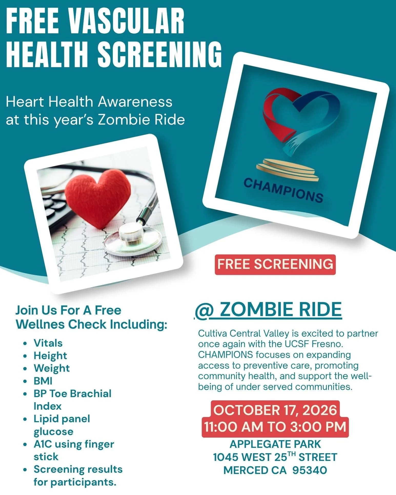 Cultiva Central Valley is excited to partner once again with the UCSF Fresno.
CHAMPIONS focuses on expanding access to preventive care, promoting community health, and support the wellbeing of under served communities.

OCTOBER 17, 2026 - 11:00 AM TO