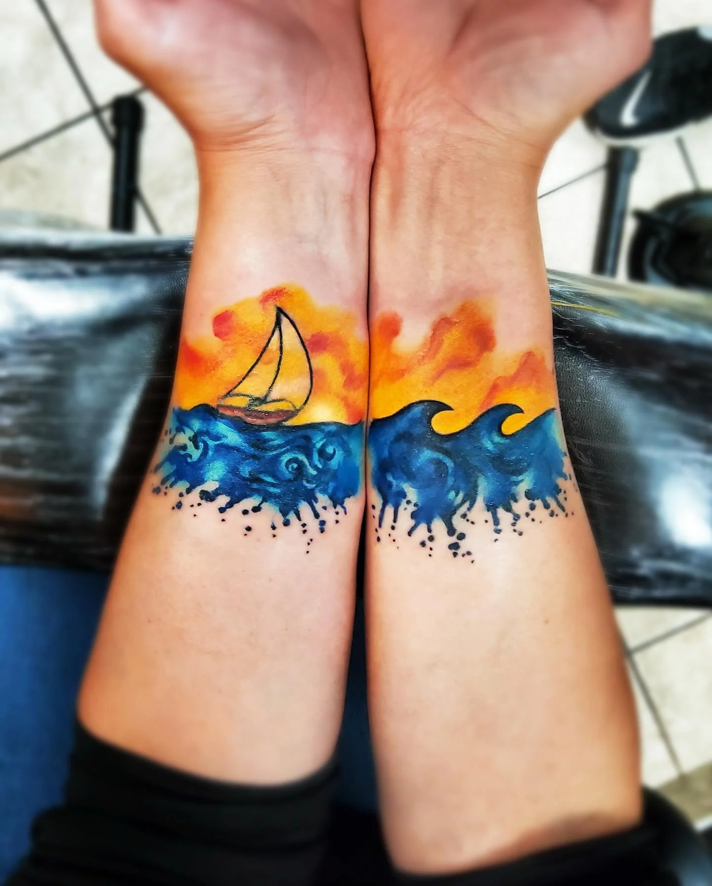 Thanks to @oceanbluetattoo for turning my little sailboat line drawing into a colorful water scene that will keep me daydreaming through the winter. I love it! Would love ideas about what to add next!