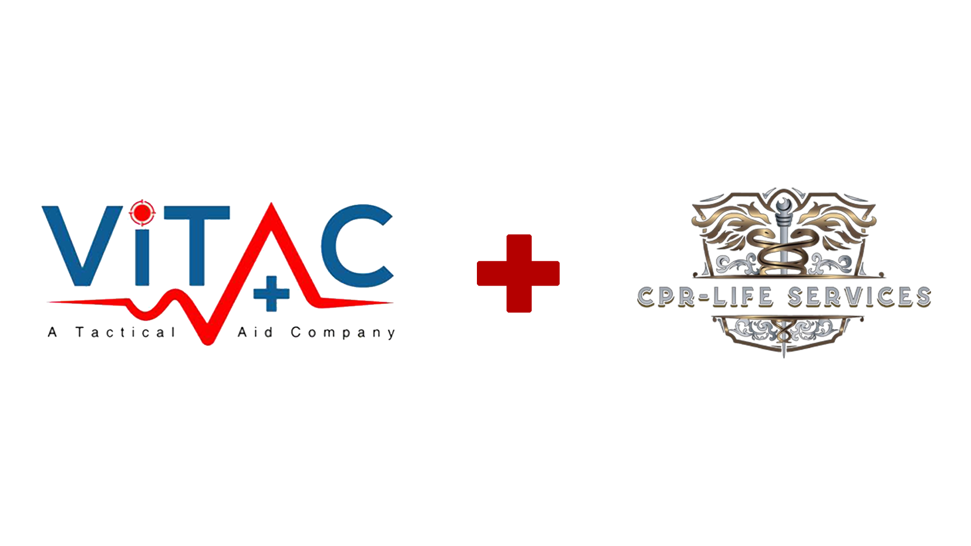 Logo of VITAC, a tactical aid company, plus logo of CPR-Life Services, featuring a decorative emblem with a staff and wings, with a cross between the logos.