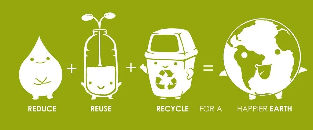 Illustration of a drop, a bottle, and a trash bin with smiling faces on a green background, promoting reduce, reuse, recycle for a happier Earth.