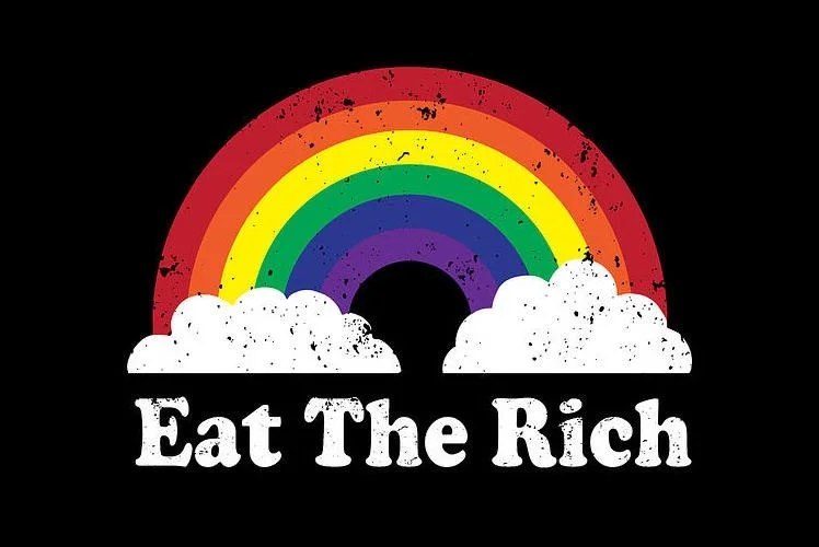 A rainbow with six colors over two white clouds on a black background, with the text 'Eat The Rich' in white underneath.