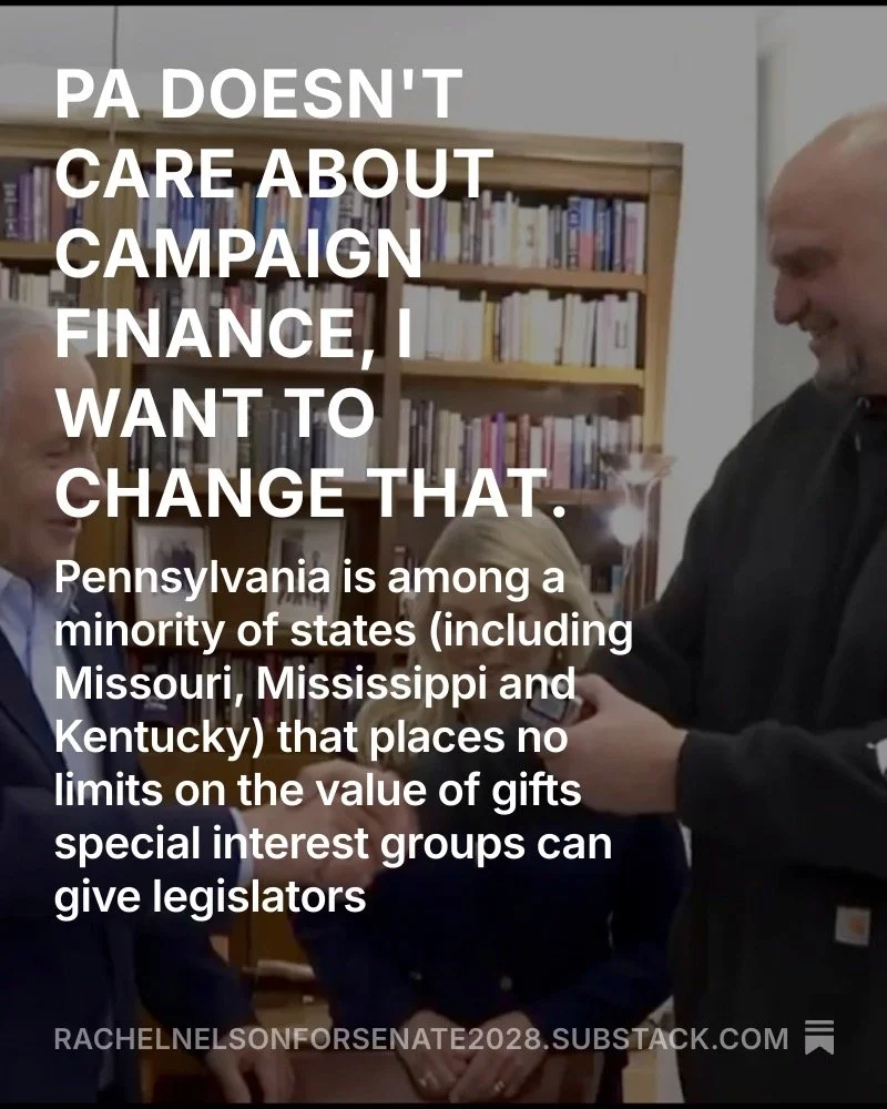 Two men exchanging a gift in an office with bookshelves in the background, and a woman is partially visible. Overlaid text discusses campaign finance laws and gift limits in Pennsylvania.