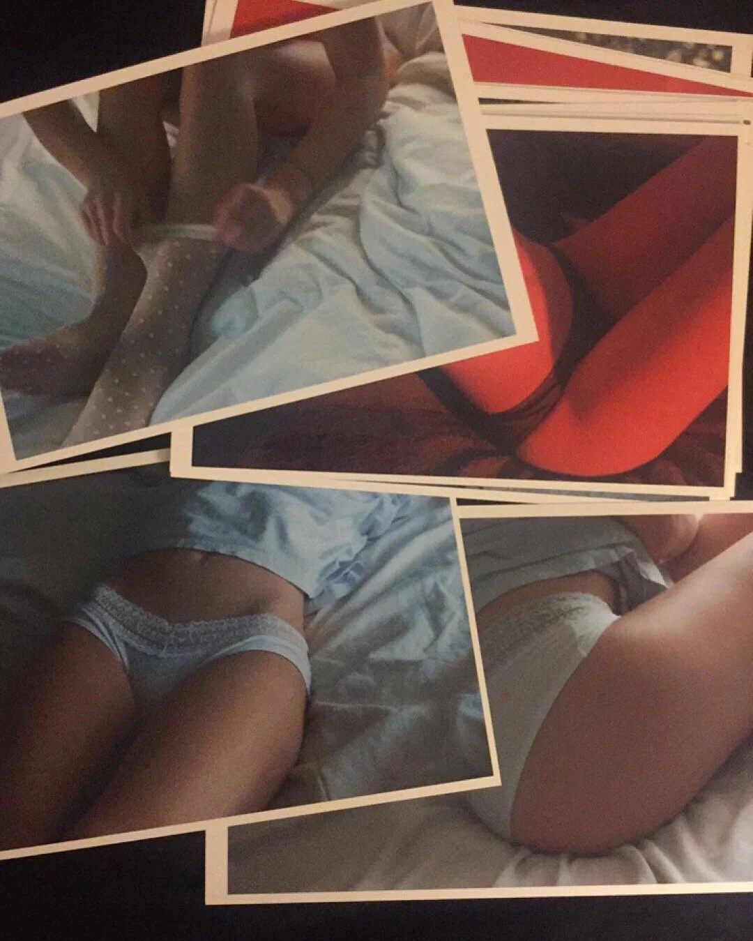 A collage of photos of a person lying in bed wearing gray underwear, with close-up shots of their thighs and hips. There is also an image of someone putting on gray polka-dot socks. The photos are taken in dim lighting on white bedsheets.