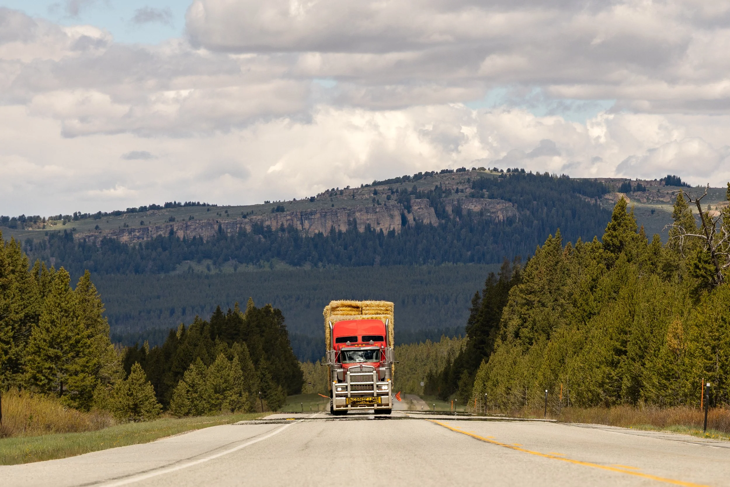A red semi-truck carrying a load of hay transporting down a rural road surrounded by trees and mountains under cloudy skies.
