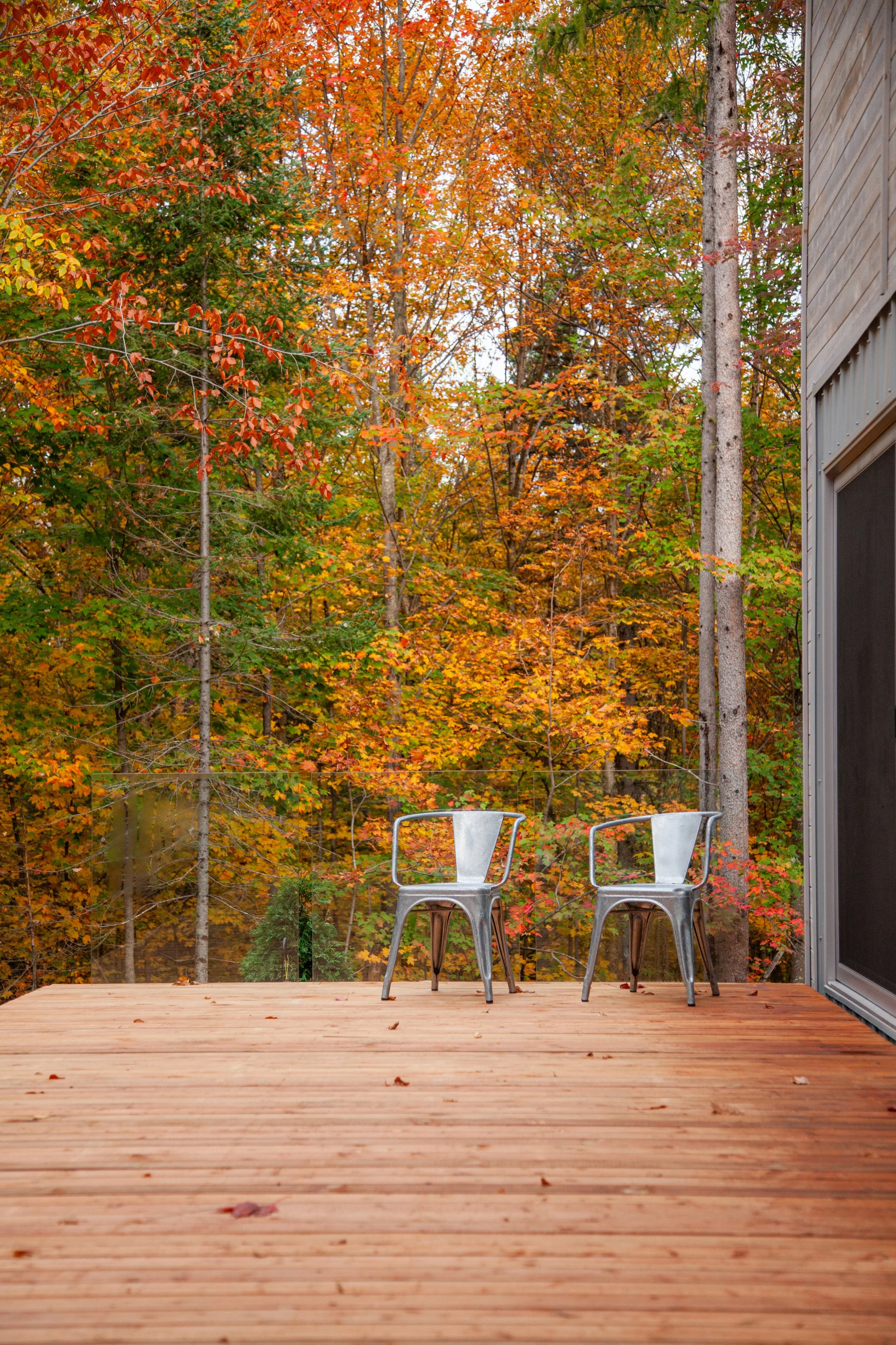 Deux chaises en métal argenté sur une terrasse en bois, avec un arrière-plan d'arbres aux feuilles automnales oranges, rouges et vertes.