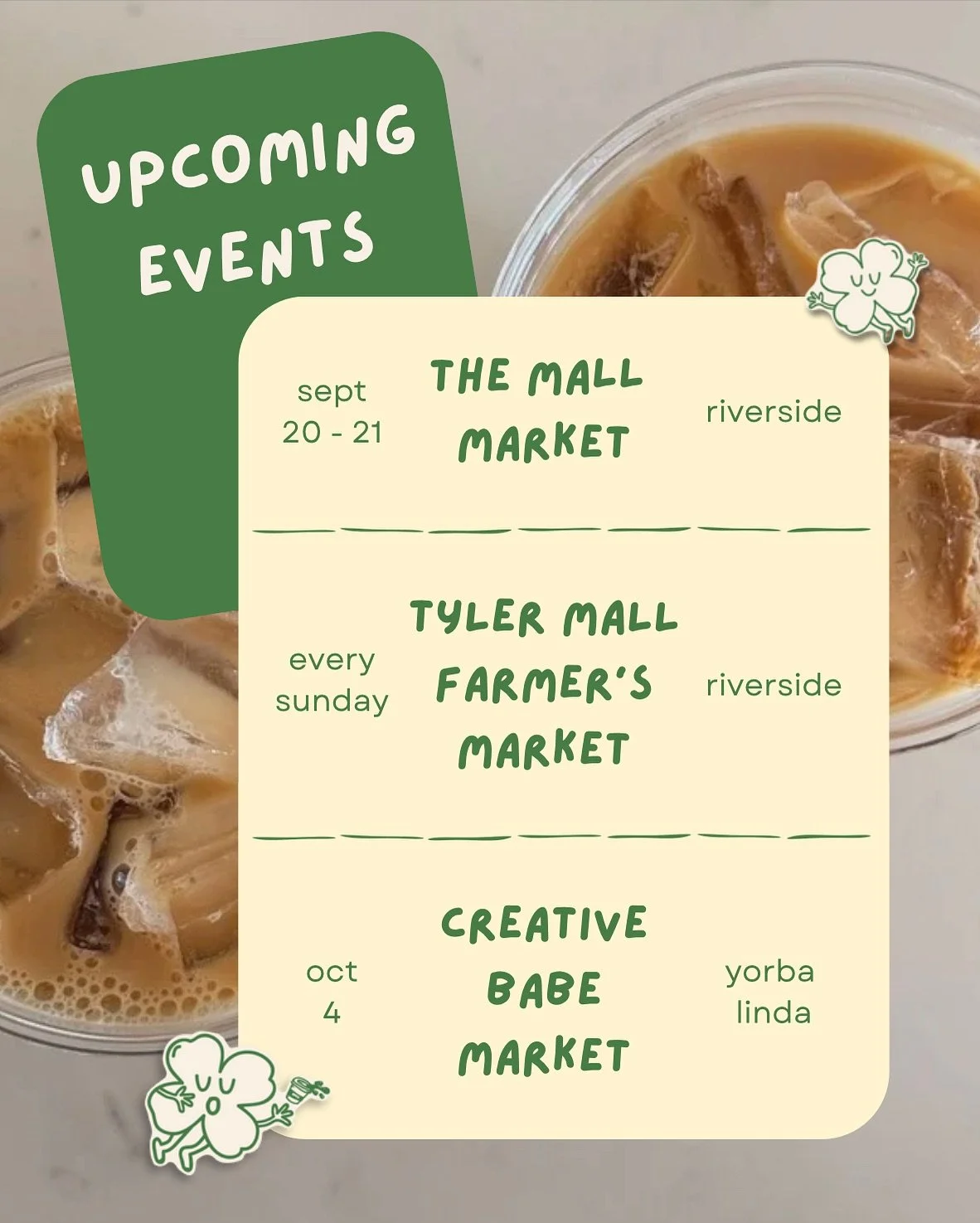 market schedule for the next couple of weeks ⭐️
come hang with us! 🍀
#clovercoffeeclub #inlandempire #coffeepopup #matchapopup #riverside #corona #yorbalinda #coffeecart #mobilecoffeebar #coffeebar #matchabar #socal #fallmenu #smallbusiness #coffee